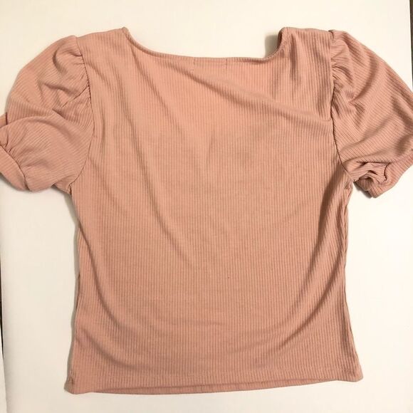 SOCIETY STITCH blush Pink ribbed Crop low cut Top t shirt balloon puff sleeve-L - Picture 2 of 8